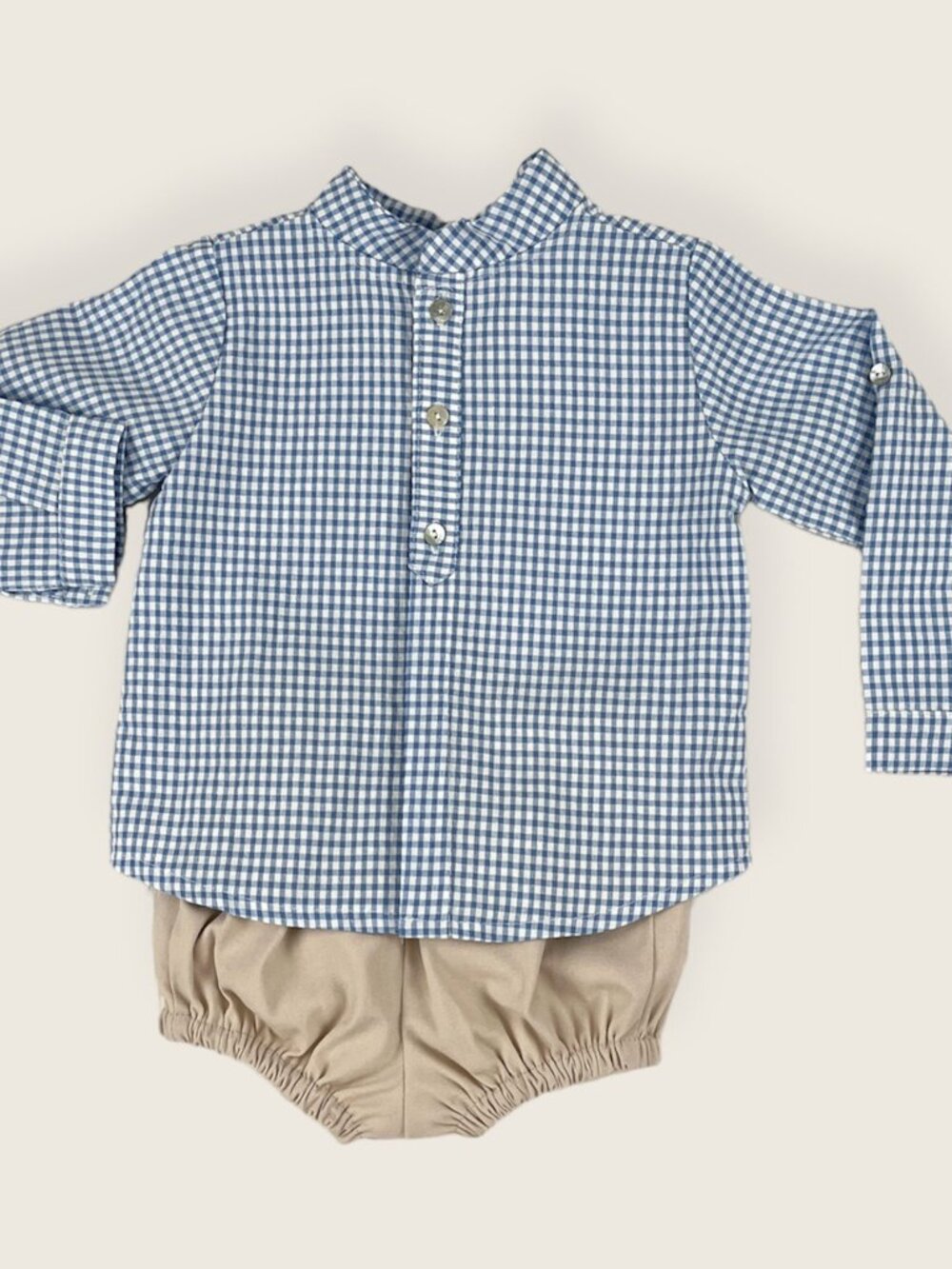 Baby Boys Gingham Outfit - Blue Shirt and Khaki Shorts (6M--18M)